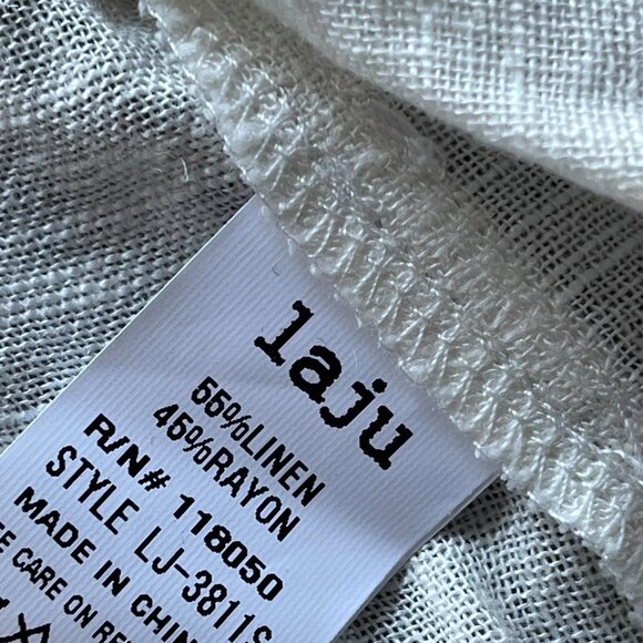 White Cream Linen Shirt with Tie-Cuff Sleeves, Small Laju Button-up Shirt - Picture 8 of 8